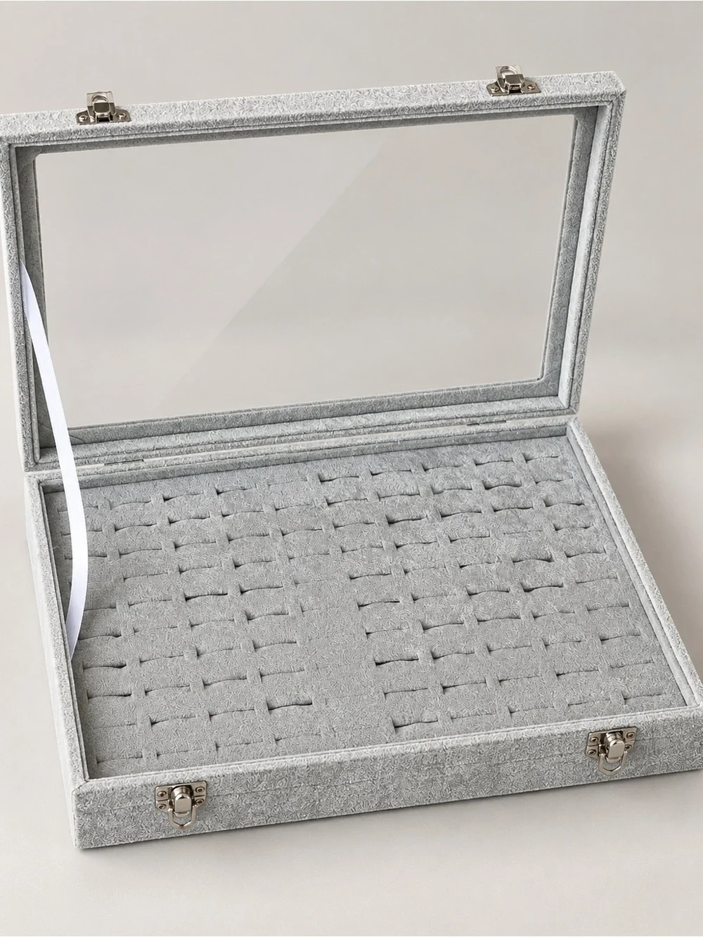Gray 100-Slot Ring Display Storage Case Clear Lid